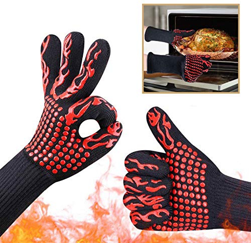 Grillhandschuhe, Grillhandschuhe, hitzebeständige Ofenhandschuhe, hitzebeständig bis 800 ℃ / 1472 ℉, können zum Grillen, Grillen, Kochen, Backen verwendet werden (rot)