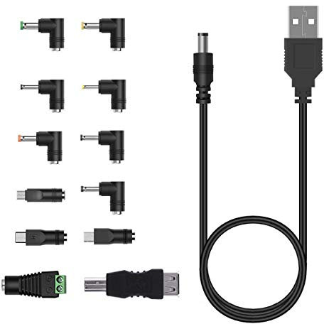Youmile 5V Universal USB zu DC Stromkabel 5.5x2.1mm Stecker mit 12PCS Anschluss(5.5x2.5, 4.8x1.7, 4.0x1.7, 4.0x1.35, 3.5x1.35, 3.0x1.1, 2.5x0.7, Micro-USB, Typ C, Mini USB, DC Netzteil, USB 2.0A to B)