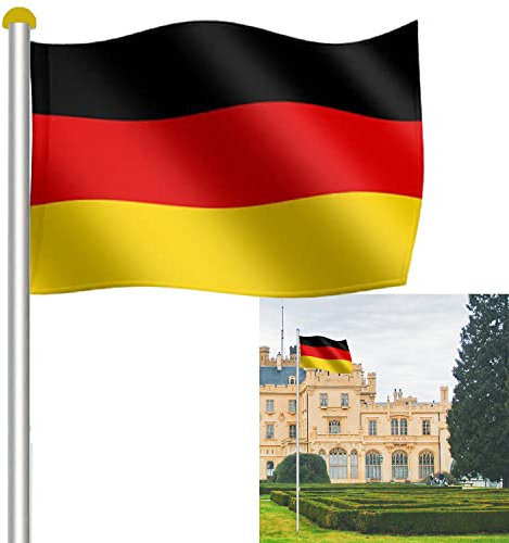 Einfeben 6,5 m Aluminium Fahnenmast inkl. 150 * 90 cm Deutschland Fahne + Bodenhülse + Zugseil + Verschlusshaken + Abschlusskappe，die Höhe in 5 verschiedenen Höhen variiert Werden