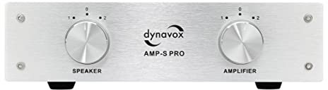 Dynavox AMP-S Pro, interruttore amplificatore e altoparlante in alloggiamento in metallo, per amplificatori stereo e surround, collegamento tramite spina a banana o connettore a morsetto, argento