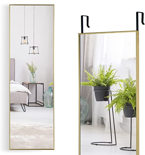 RELAX4LIFE Miroir Accroche Porte 120x37cm Cadre Alliage d'Alu Verre avec Film Antidéflagrant, Miroir Porte Suspendu pour Chambre Vestiaire Entrée (Doré, 120 x 37 cm)