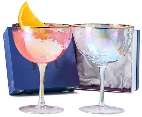 Festive Lustered Iridescent Hammered Coupe Glasses - Set of 2 - Gold Rim 8 5oz Colorful Champagne Glasses - Anniversaries, Birthday Gift, Cocktail Party Radiance - Water, Wine, Cosmopolitan, Barware