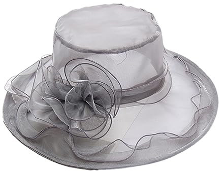 Pohullan Damen-Organza-Fascinator-Kirchenhut Mit Federn, Damenhut, Floraler Teeparty-Hochzeitshut gray9(4) 56-58cm