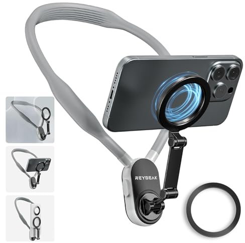 REYGEAK Support Magnétique pour Téléphone Portable, Support pour POV/Vlog Selfie Mount Hand Free Phone Neck Holder Chest Stand Strap Video Recording pour iPhone 15 14 13 12 Android Phones