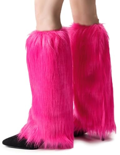 Peecabe Winter Women Faux Fur Fluffy Leg Warmers Fuzzy Long Boot Covers Furry For Christmas (Rose Red, 40cm/15.7in Length)