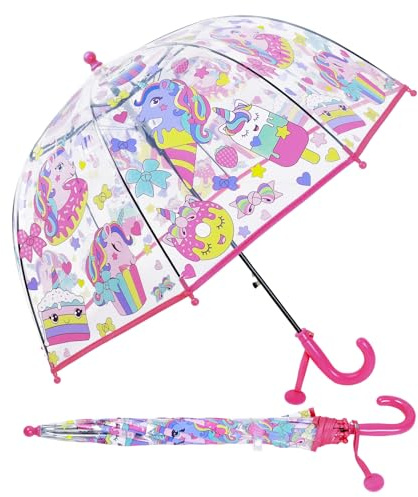 Einhorn Regenschirm Kinderschirm Stockschirm, Windsicher Robustheit Regen Regenschirm Transparent, Kinderregenschirm Durchsichtig Junge Mädchen, Kuppel-Blasenschirm Durchmesser=70cm Desserts