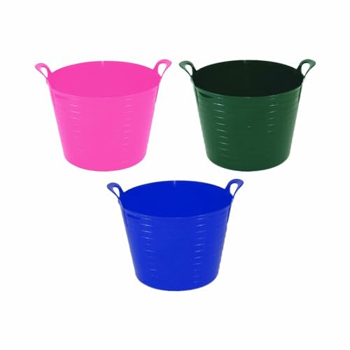 JMS we create smile - (Set of 3) 26Litre Small Flexi Tub Plastic Storage Bucket Multi Purpose Bucket For Home & Garden Made In Uk (Pink, Blue & Dark Green)