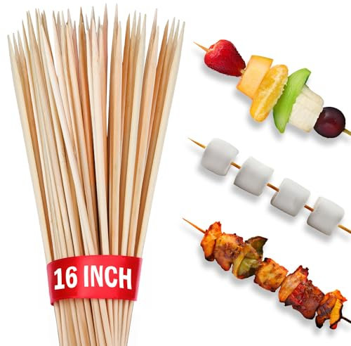 100pcs 16 Long Bamboo Skewers Sticks for BBQ Kabob Grilling Barbecue Marshmallow Roasting Stick Wooden Skewer Smores Sticks Long Toothpicks for Appetizers Wood Floral Picks Crafts Plant Stakes