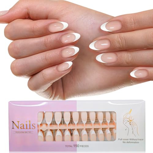 150pcs French Press On Nail Gifts for Women Girls | 2 in 1 Short Almond Soft White Tips Press On Nails, Natural Stick On Nails in 15 Sizes