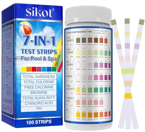 7 IN 1 Pool Teststreifen 100 Stück, Spa Whirlpool Teststreifen für PH-Wert, Freies Chlor, Gesamthärte, Brom, Gesamtchlor, Cyanursäure, Gesamtalkalität