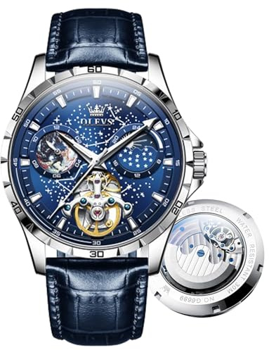 OLEVS Reloj de pulsera automático para hombre, diseño de esqueleto de cielo estrellado, Tourbillon, cuerda automática, resistente al agua y luminosa, correa de reloj de precisión de acero inoxidable,