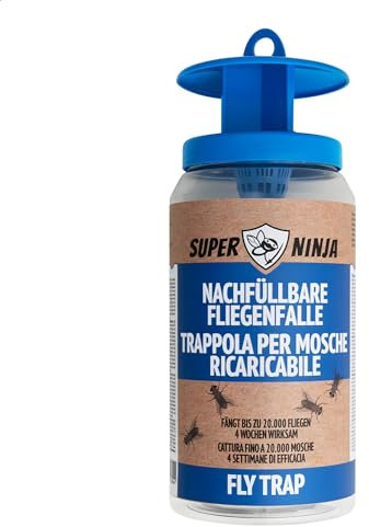 Super Ninja Trappola per Mosche – Riutilizzabile e con Attrattivo, Antimosche Atossico, Cattura fino a 20.000 Mosche, Durata 4 Settimane, con Bustina Attrattivo Idrosolubile Inclusa
