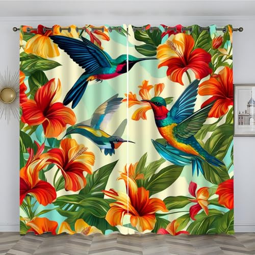 Vogel Gardinen tropische Blume Vorhang 3D Weicher Blickdichte Vorhänge Thermovorhang Kälteschutz Schlaufenschal 2er Set mit Ösen für Schlafzimmer Wohnzimmer Kinderzimmer, 280x140 cm(HxB), Beige