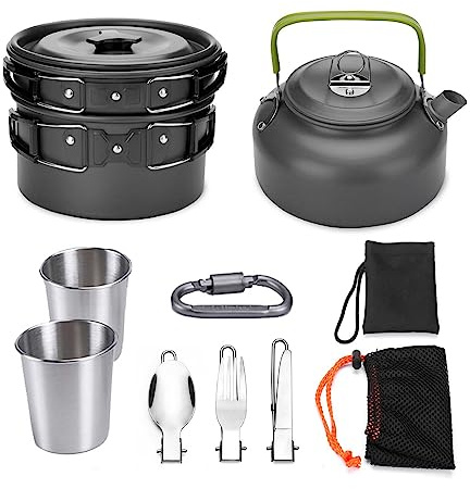 NCONCO Camping Kochgeschirr Set Camping Kochgeschirr Mess Kit für 2-3 Personen verwenden Topf Pfanne Kessel mit Tassen Gabel Löffel Kit für Camping Backpacking Wandern