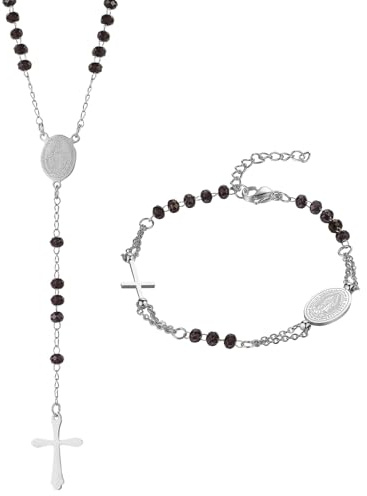 Flongo 2 Stücke Rosenkranz Armband Halskette: Schmuck Set mit Kreuz Anhänger Katholische Jungfrau Maria Gold Schwarz Rosenkranz Edelstahl Verstellbares Armkette Kette Religiöser Schutz Virgin Mary
