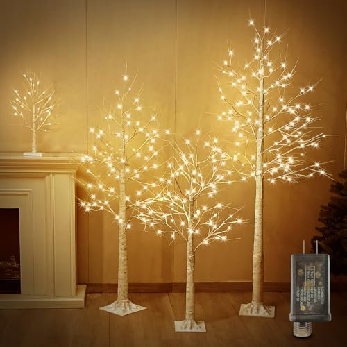 Zcdl Lamp Set of 4 - Birch Tree with LED Lights, 2FT 4FT 5FT 6FT White Christmas Tree, Prelit Artifical Tree Outdoor Christmas Decorations, Lighted Twig Tree, Indoor Outdoor Home Yard Chirstmas Decor