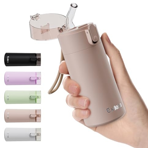 Exllena Liten vattenflaska 150 ml med sugrör – liten flaska med enhandsöppning, läckagesäkert låslock, 4-6 timmars varm/kall retention och bärbar för kaffe, mjölk eller annan dryck (brun)