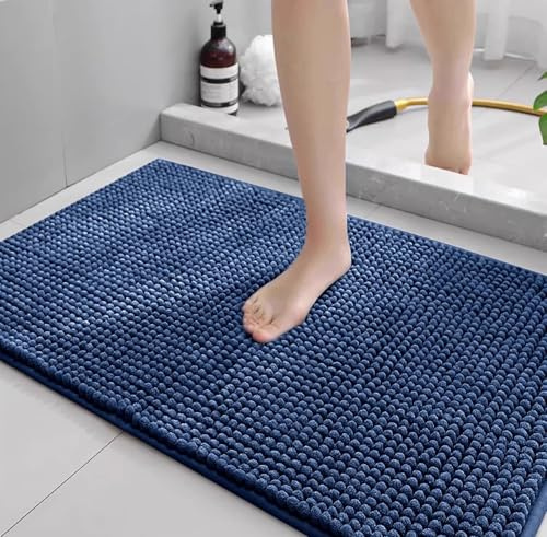 LEZUAN Badematte aus Chenille, Weich Badteppich, rutschfest Badvorleger, Absorbent Badezimmerteppich, Flauschig & Waschbar(Marineblau,60 x 90 cm)