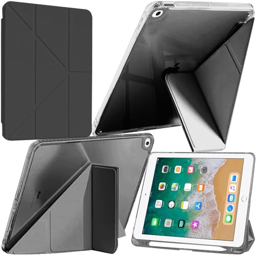 Custodia Compatibile con iPad 9,7 Pollici (6a/5a Generazione, 2018/2017) / iPad Air 2/Air 1 con Portapenne, Chiaro Antiurto, Supporto Pieghevole a Y 6 in 1, Auto Svegliati/Sonno, Nero