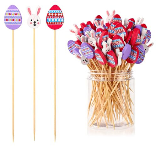 100uds Palillos para Cócteles, 12cm Madera con Temática de Pascua Conejitos y Huevos Palillos de Dientes Largos Decorativos para Pasteles Postres Frutas Decoraciones para Fiestas de Pascua