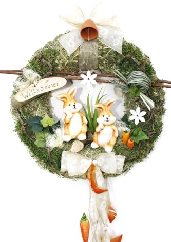Türkranz Osterkranz D32 mit Zwei Hasen, Creme/Natur | für Tür und Wand, Handgefertigt in Deutschland, Mit Schleife und Willkommen-Schild