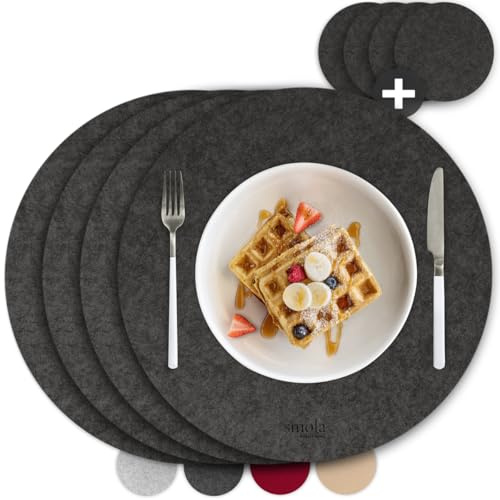 smøla 8-teiliges Premium Filz Tischset - Rund inkl. Untersetzer I Platzset Abwaschbar Grau I Platzset Abwischbar, Platzdeckchen Set mit Filzuntersetzer für Teller, Gläser I Tischdeko, Anthrazit