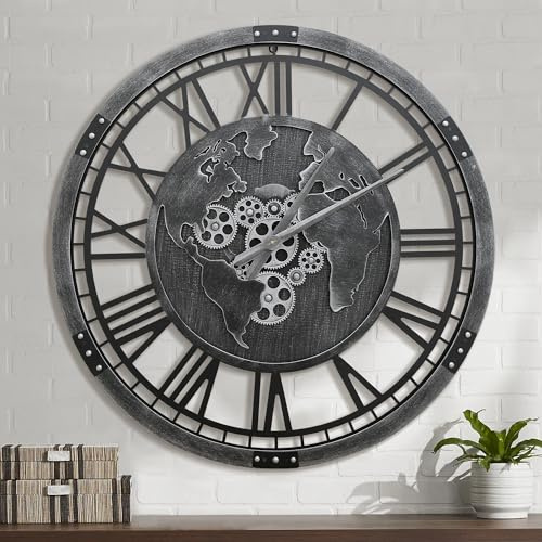Micasso 30 in Black Oversized Wall Clock: Real Moving Gears Clock with World Map - Vintage Wood Frame Non-Ticking Battery Operated Silent Mechanical Clock for Home Decor/Office/Living Room/Bedroom