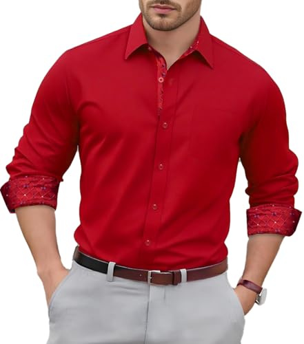 Ailisus Red Men's Shirts Casual Long Sleeve Button Down Regular Fit Contrast Collar Formal Dress Shirt for Business Wedding L