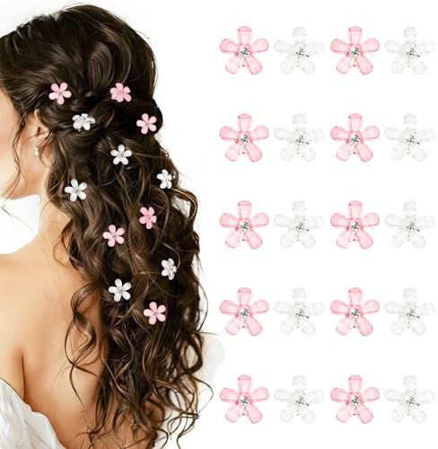 Becellen 20 Pezzi Haarklammer Klein Blumen, Mini Weiße 3D Haarschmuck Kleine Perlen Haarspange mit Strass Elegante Hochzeit Haarklammer Kommunion Mädchen Haar-Accessoires für Frauen Mädchen
