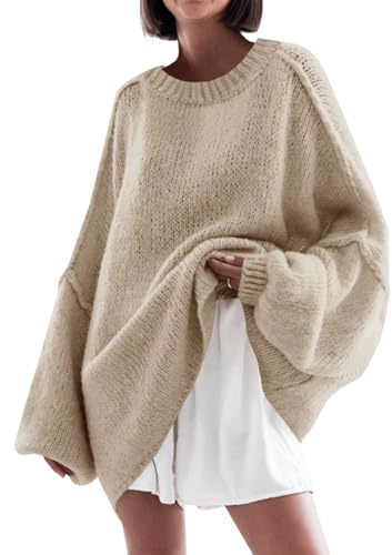 Saodimallsu Womens Oversized Sweater Chunky Crew Neck Long Lantern Sleeve Knit Fall Trendy Tunic Sweaters Top Khaki