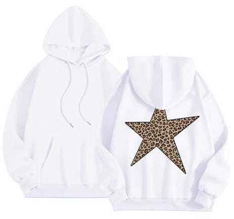 Generisch Felpa con cappuccio da donna con stampa a stelle, motivo leopardato, maglione streetwear, casual, confortevole, felpa con cappuccio in pile per abito invernale da donna arcobaleno, bianco, S