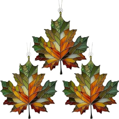 Buntglas Ahornblatt Sonnenfänger | 3Stk Acryl Ahornblatt Suncatcher Herbstdeko zum Aufhängen | Buntglas Sonnenfänger Herbstblätter Deko | Ahornblätter Anhänger Sun Catcher für Herbst Fensterdeko
