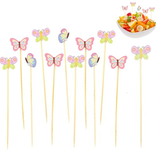 LUMOOM 100 brochetas de cóctel de mariposa, palillos de bambú para decoración de cócteles, 12 cm, pinchos de madera como brochetas de frutas, brochetas de queso, para cumpleaños, bodas (mariposas)