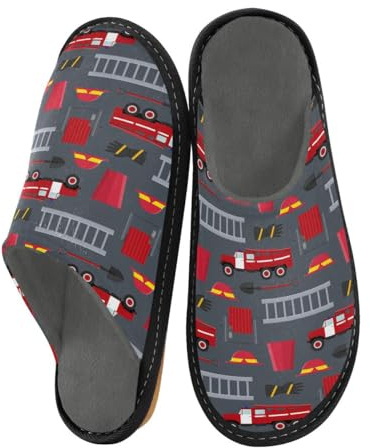 Red Firefighter Gray Slippers for Men Women, Car Truck Womens House Slippers Indoor Slipper Socks House Shoes Bedroom Travel Shoe Use