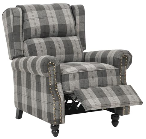 Warmiehomy Modern Linen Recliner Chair High Back Reclining Chairs Thick Padding Occasional Reclining Armchair with Wood Legs for Living Room Bedroom Home (Tartan)