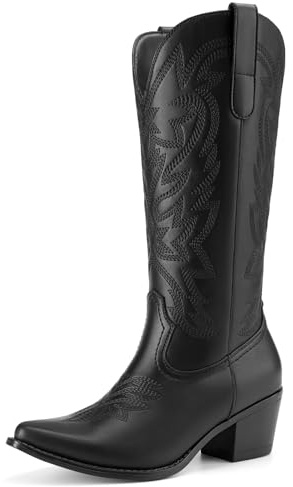 Athlefit Cowboy Cowgirl Boots for Women Fashion Low Chunky Heel Snip Toe Embroidery Western Mid Calf Boots Black Size 8.5