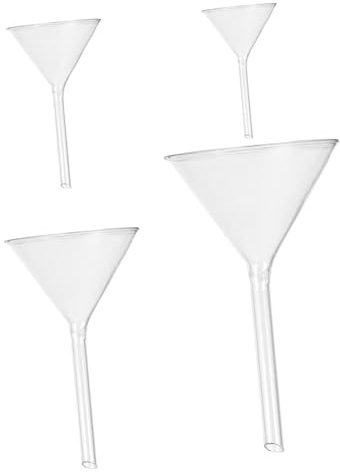 TEHAUX Embudo de Vidrio Triangular para Laboratorio Cuello Corto, Juego de 4 Piezas para Uso en Química Analítica y Llenado Preciso de Botellas Pequeñas