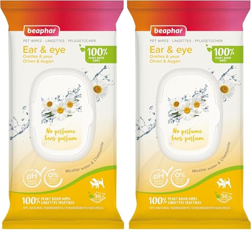 Beaphar – Lingettes Oreilles & Yeux 100% végétales pour Chien et Chat – 97% Ingrédient naturels – À l'eau Micellaire et à la Camomille – 0% parabène/Alcool/Parfum – pH Neutre – 30 Lingettes (Lot de 2)