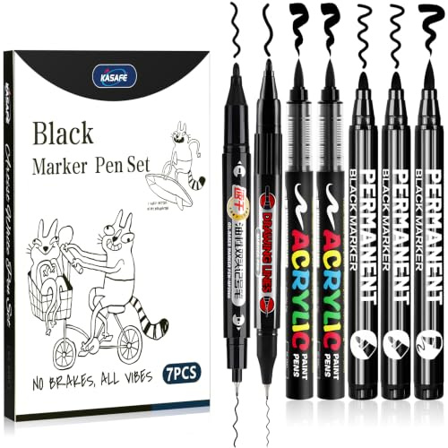 KASAFE Schwarze Acrylfarbstifte, Schwarze Marker mit verschiedenen Spitzen, Filzstifte Fineliner Kugel- und Pinselspitzen, wasserdichte deckende permanente Stifte zum Ausmalen, Zeichnen
