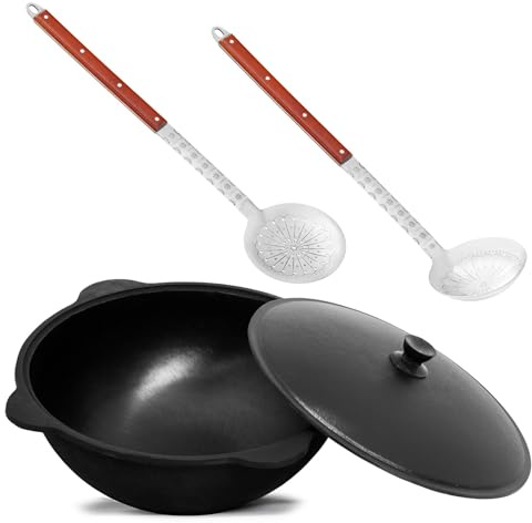 Namangan Original Usbekischer Kasan 22 L aus Gusseisen mit Aluminium-Deckel – Schwenktopf Dutch Oven Feuertopf für Camping Outdoor inkl. Schöpfkelle Schaumlöffel