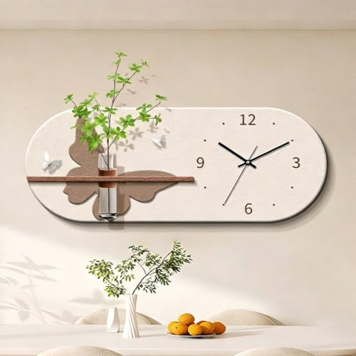 Modern 3D LED sandstens väggkonst med tyst klocka, vattenförrådsvas för gröna växter, kreativ dekor för matsal och vardagsrum(D,70 * 28cm/27.5 * 11.0in)