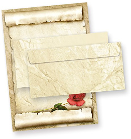 TATMOTIVE 100 Sets Briefpapier Rote Rose A4 Liebesbriefe | Hochwertiges Motivpapier, DIN lang Umschläge mit Haftklebestreifen, beidseitig bedruckt, ideal für Füller & Drucker
