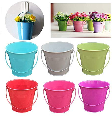 Dproptel 2-in-1 Portable Flower Pots + Sand bucket, Iron Hanging Flower Pots, Balcony Garden Pots Wall Planters Metal Bucket Flower Holders with Detachable Hooks - 6 Colors Set