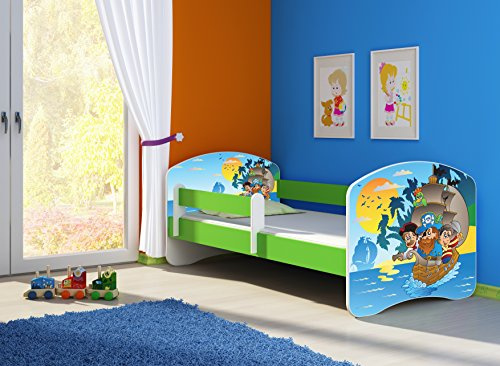 CLAMARO 'Fantasia Grün' 180 x 80 Kinderbett Set inkl. Matratze und Lattenrost, mit verstellbarem Rausfallschutz und Kantenschutzleisten, Design: 21 Piraten