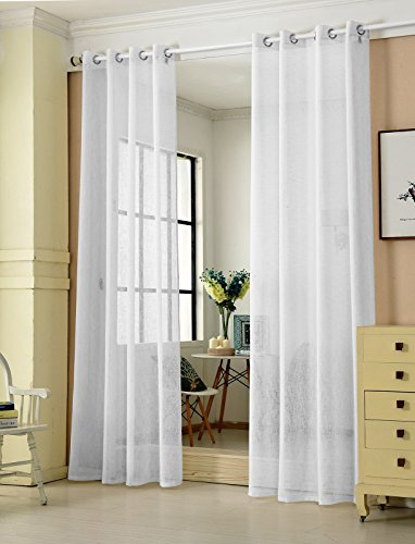 WOLTU Gardinen mit Ösen Leinenoptik halbtransparent 140x175cm Weiß | 2er Set Leinenoptik Vorhang Ösenschal für Wohnzimmer und Schlafzimmer, moderne Stores mit weichem Licht, Länge 175 cm