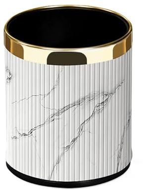 Trash Can Poubelle de luxe en métal avec couvercle en cuir, poubelle ronde ouverte sur le dessus, double couche (or rose avec anneau doré)