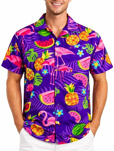 King Kameha Chemise hawaïenne Homme Manches Courtes avec imprimé Flamants Roses et Melons