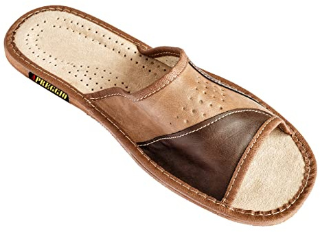 Apreggio Hausschuhe Herren Pantoffeln Leich Natural 100% Leder Naturprodukt Handgefertigt Braun Fester Sohle Komfort Bequeme Weich_44 EU_Braun