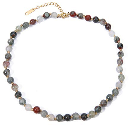 BALIBALI Semi Precious Stone Beaded Choker Necklace 14K Gold Plated Natural Stone Double Strand Necklace Layered Short Necklaces (Bloodstone)