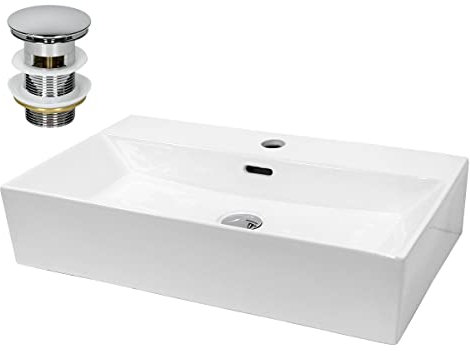 ECD Germany Lavabo da Appoggio in Ceramica Bianco Rettangolare 515x360x130 mm Design Moderno Lavabo Moderno da Appoggio Ceramica Lavandino Lavamano con Set di Scarico Lavabile 1 1x4 in Ottone Cromato